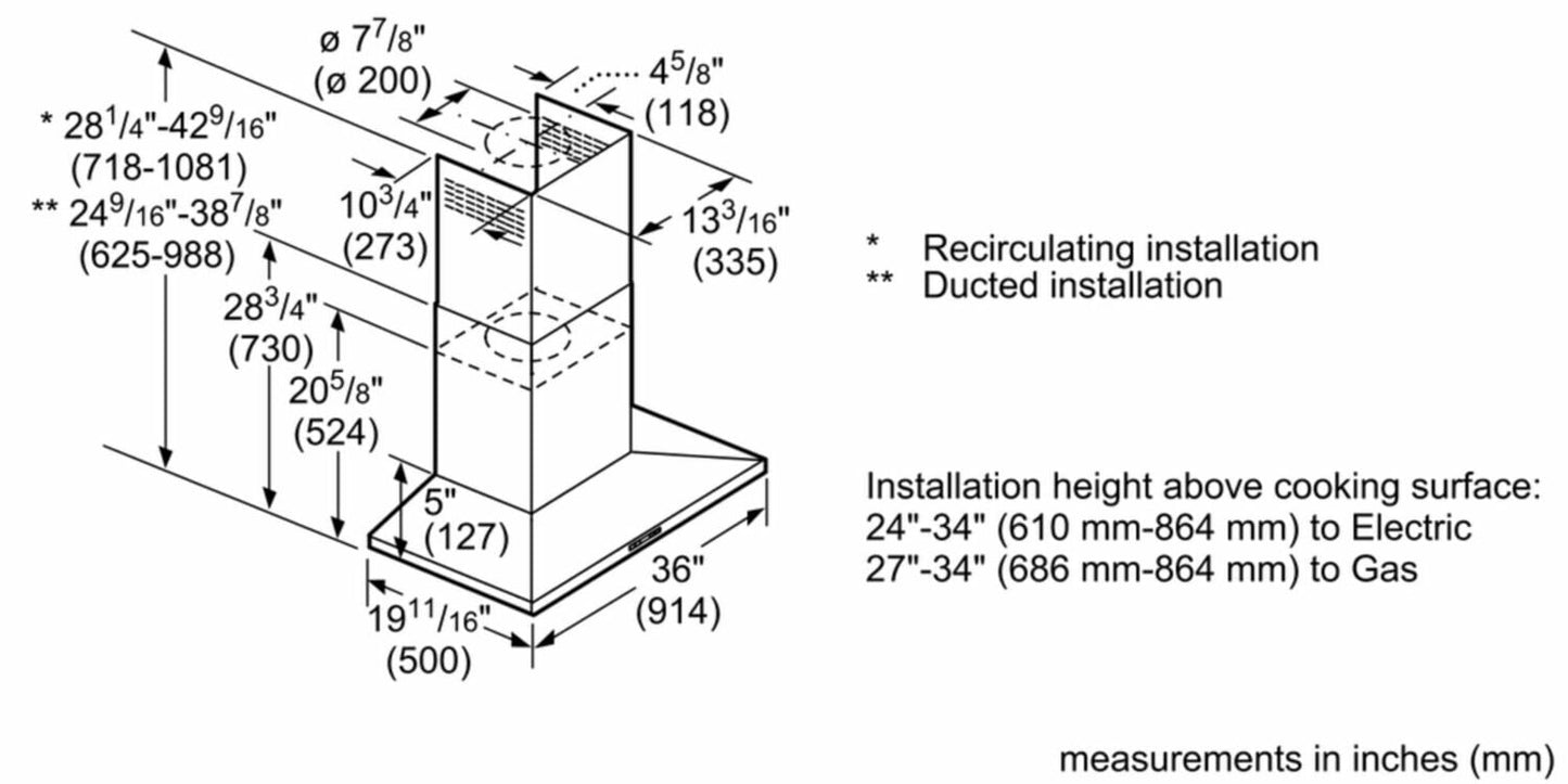 Bosch HCP36E52UC 300 Series Wall Hood 36'' Stainless Steel Hcp36E52Uc