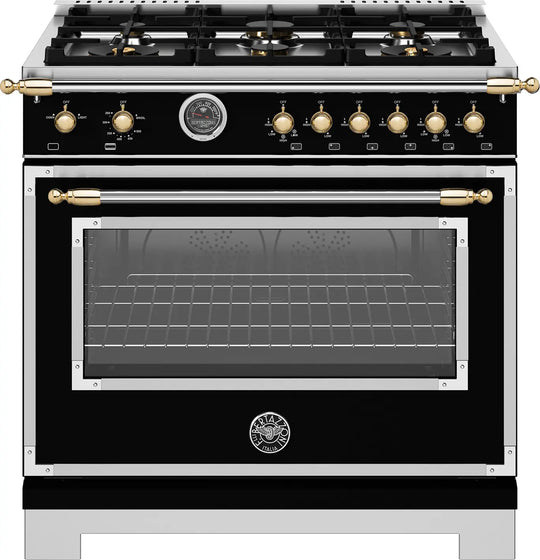 Bertazzoni HER366BCFGMNG 36 Inch All Gas Range, 6 Brass Burners And Cast Iron Griddle - Gold Accents Stainless Steel/Gold