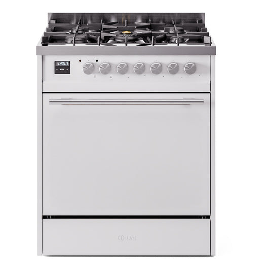 Ilve UP30QMPWHLP Professional Plus Ii 30 Inch Dual Fuel Liquid Propane Freestanding Range In White With Trim