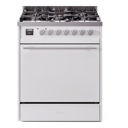 Ilve UP30QMPWHLP Professional Plus Ii 30 Inch Dual Fuel Liquid Propane Freestanding Range In White With Trim
