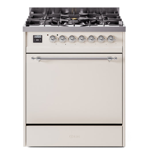 Ilve UP30QNMPAWC Nostalgie Ii 30 Inch Dual Fuel Natural Gas Freestanding Range In Antique White With Chrome Trim