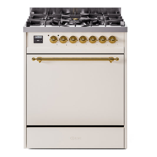 Ilve UP30QNMPAWGLP Nostalgie Ii 30 Inch Dual Fuel Liquid Propane Freestanding Range In Antique White With Brass Trim