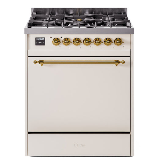 Ilve UP30QNMPAWGLP Nostalgie Ii 30 Inch Dual Fuel Liquid Propane Freestanding Range In Antique White With Brass Trim