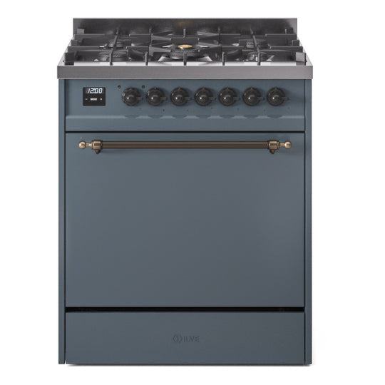 Ilve UP30QNMPBGB Nostalgie Ii 30 Inch Dual Fuel Natural Gas Freestanding Range In Blue Grey With Bronze Trim