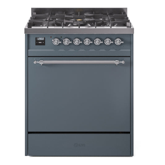 Ilve UP30QNMPBGCLP Nostalgie Ii 30 Inch Dual Fuel Liquid Propane Freestanding Range In Blue Grey With Chrome Trim