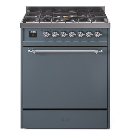 Ilve UP30QNMPBGC Nostalgie Ii 30 Inch Dual Fuel Natural Gas Freestanding Range In Blue Grey With Chrome Trim