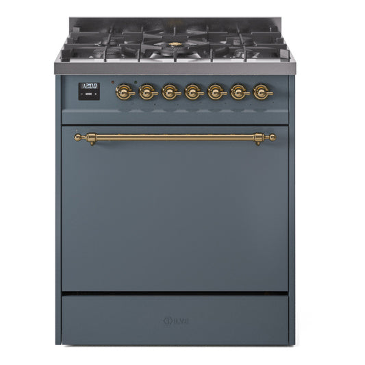 Ilve UP30QNMPBGGLP Nostalgie Ii 30 Inch Dual Fuel Liquid Propane Freestanding Range In Blue Grey With Brass Trim