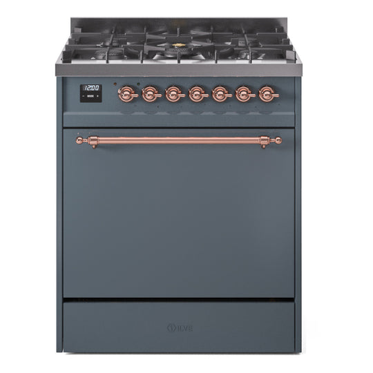 Ilve UP30QNMPBGP Nostalgie Ii 30 Inch Dual Fuel Natural Gas Freestanding Range In Blue Grey With Copper Trim