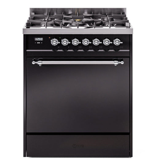 Ilve UP30QNMPBKC Nostalgie Ii 30 Inch Dual Fuel Natural Gas Freestanding Range In Black With Chrome Trim