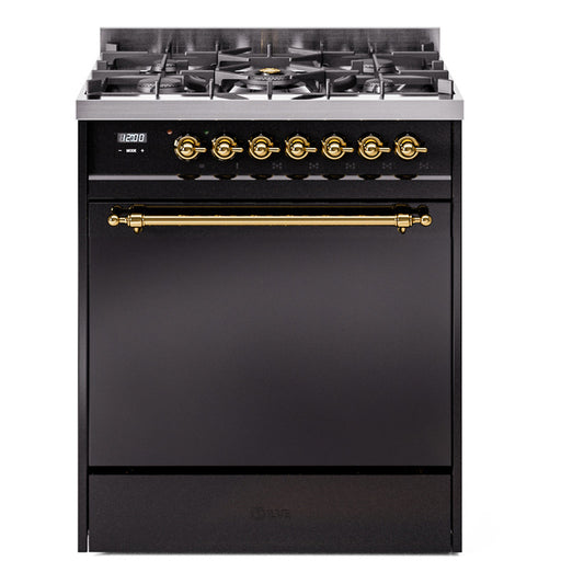 Ilve UP30QNMPBKGLP Nostalgie Ii 30 Inch Dual Fuel Liquid Propane Freestanding Range In Black With Brass Trim