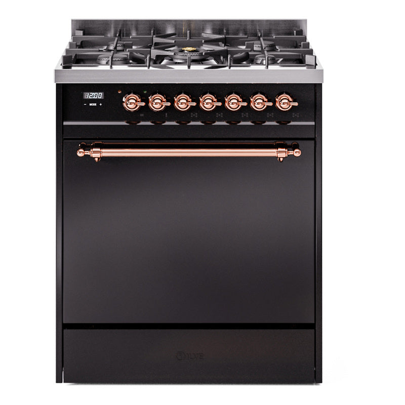 Ilve UP30QNMPBKP Nostalgie Ii 30 Inch Dual Fuel Natural Gas Freestanding Range In Black With Copper Trim