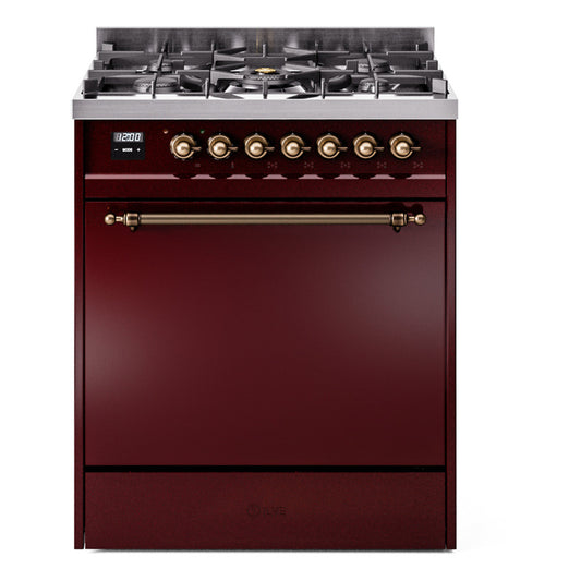Ilve UP30QNMPBUBLP Nostalgie Ii 30 Inch Dual Fuel Liquid Propane Freestanding Range In Burgundy With Bronze Trim