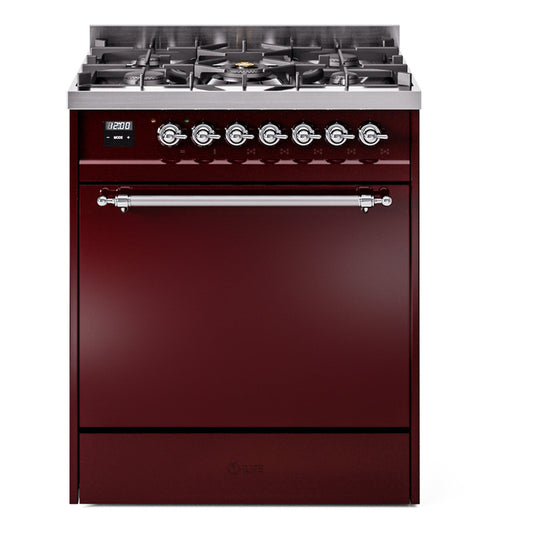 Ilve UP30QNMPBUCLP Nostalgie Ii 30 Inch Dual Fuel Liquid Propane Freestanding Range In Burgundy With Chrome Trim