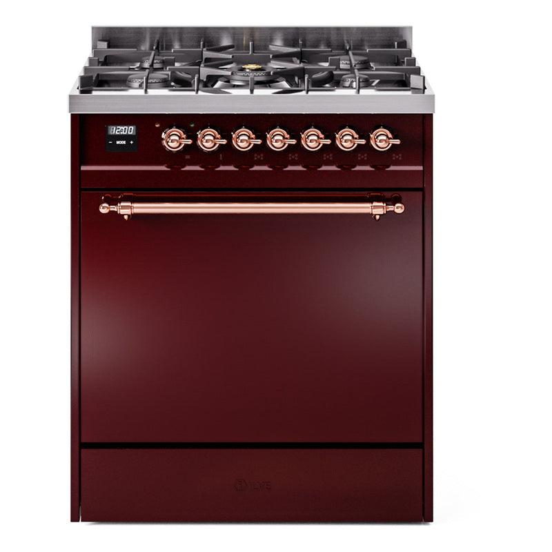 Ilve UP30QNMPBUP Nostalgie Ii 30 Inch Dual Fuel Natural Gas Freestanding Range In Burgundy With Copper Trim
