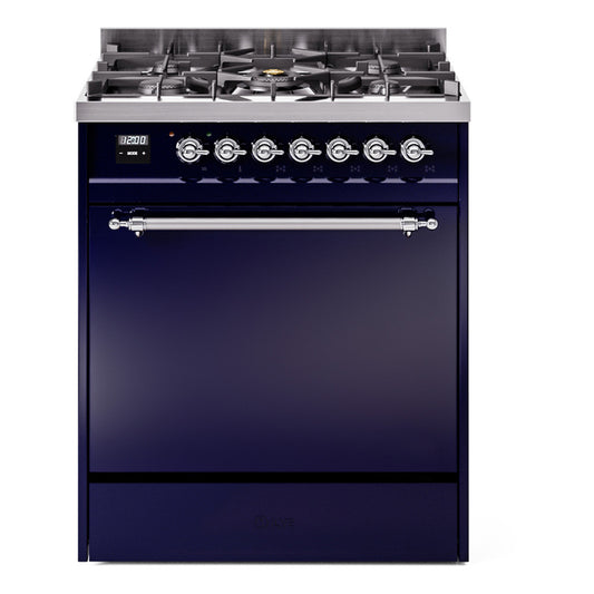 Ilve UP30QNMPMBCLP Nostalgie Ii 30 Inch Dual Fuel Liquid Propane Freestanding Range In Blue With Chrome Trim