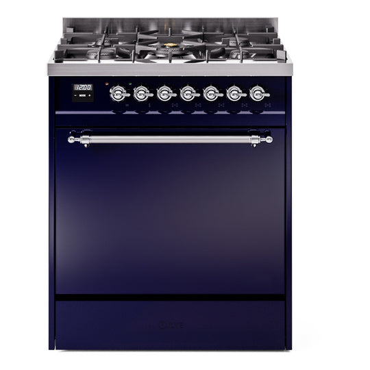 Ilve UP30QNMPMBCLP Nostalgie Ii 30 Inch Dual Fuel Liquid Propane Freestanding Range In Blue With Chrome Trim