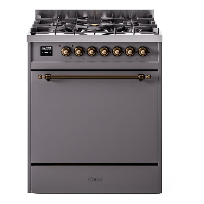 Ilve UP30QNMPMGB Nostalgie Ii 30 Inch Dual Fuel Natural Gas Freestanding Range In Matte Graphite With Bronze Trim