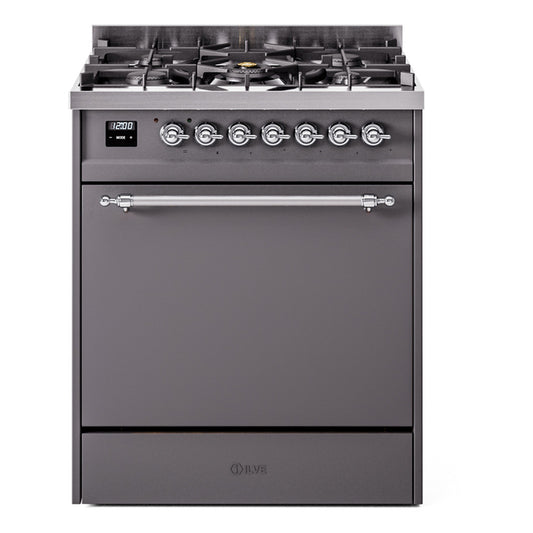 Ilve UP30QNMPMGCLP Nostalgie Ii 30 Inch Dual Fuel Liquid Propane Freestanding Range In Matte Graphite With Chrome Trim