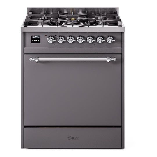 Ilve UP30QNMPMGCLP Nostalgie Ii 30 Inch Dual Fuel Liquid Propane Freestanding Range In Matte Graphite With Chrome Trim