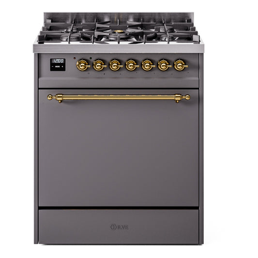 Ilve UP30QNMPMGGLP Nostalgie Ii 30 Inch Dual Fuel Liquid Propane Freestanding Range In Matte Graphite With Brass Trim
