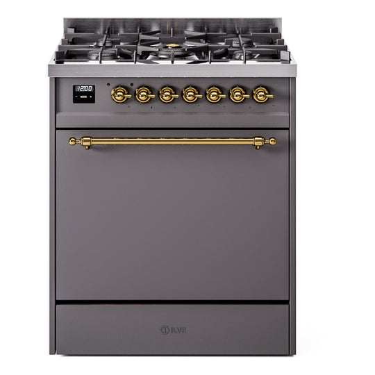 Ilve UP30QNMPMGGLP Nostalgie Ii 30 Inch Dual Fuel Liquid Propane Freestanding Range In Matte Graphite With Brass Trim