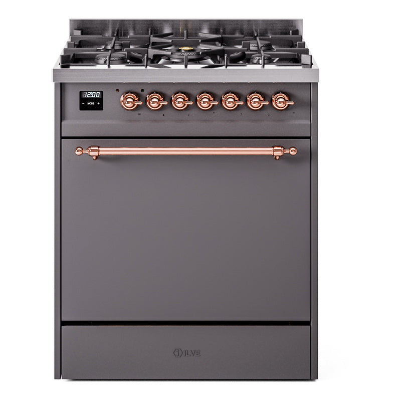 Ilve UP30QNMPMGP Nostalgie Ii 30 Inch Dual Fuel Natural Gas Freestanding Range In Matte Graphite With Copper Trim