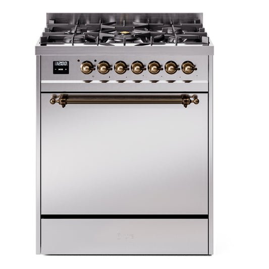 Ilve UP30QNMPSSBLP Nostalgie Ii 30 Inch Dual Fuel Liquid Propane Freestanding Range In Stainless Steel With Bronze Trim