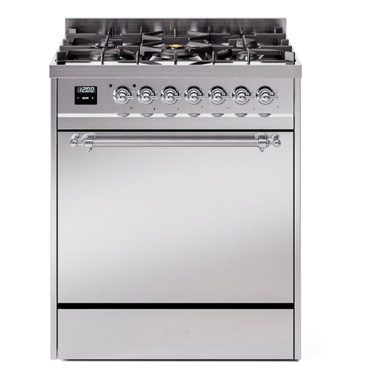 Ilve UP30QNMPSSCLP Nostalgie Ii 30 Inch Dual Fuel Liquid Propane Freestanding Range In Stainless Steel With Chrome Trim