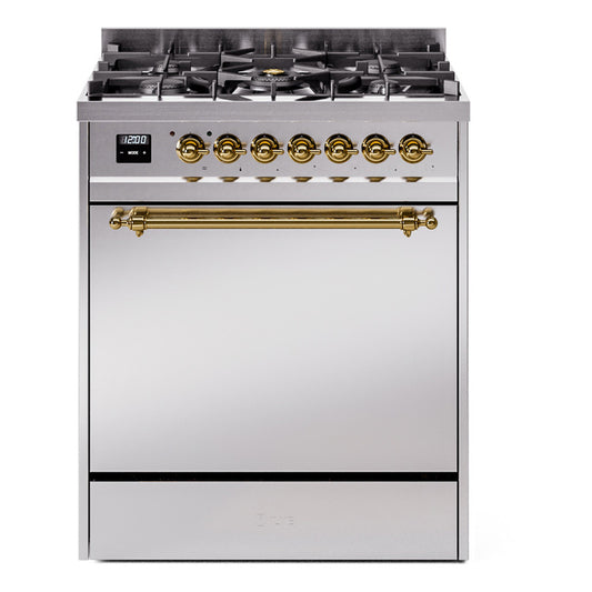 Ilve UP30QNMPSSGLP Nostalgie Ii 30 Inch Dual Fuel Liquid Propane Freestanding Range In Stainless Steel With Brass Trim