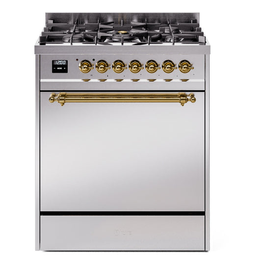 Ilve UP30QNMPSSGLP Nostalgie Ii 30 Inch Dual Fuel Liquid Propane Freestanding Range In Stainless Steel With Brass Trim
