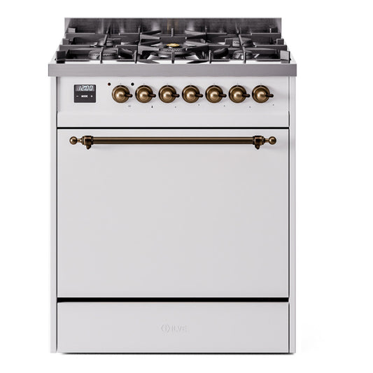 Ilve UP30QNMPWHBLP Nostalgie Ii 30 Inch Dual Fuel Liquid Propane Freestanding Range In White With Bronze Trim