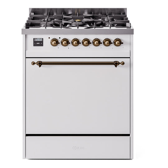 Ilve UP30QNMPWHBLP Nostalgie Ii 30 Inch Dual Fuel Liquid Propane Freestanding Range In White With Bronze Trim