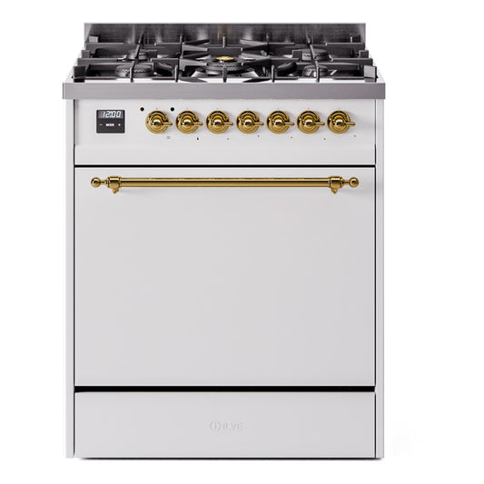 Ilve UP30QNMPWHGLP Nostalgie Ii 30 Inch Dual Fuel Liquid Propane Freestanding Range In White With Brass Trim