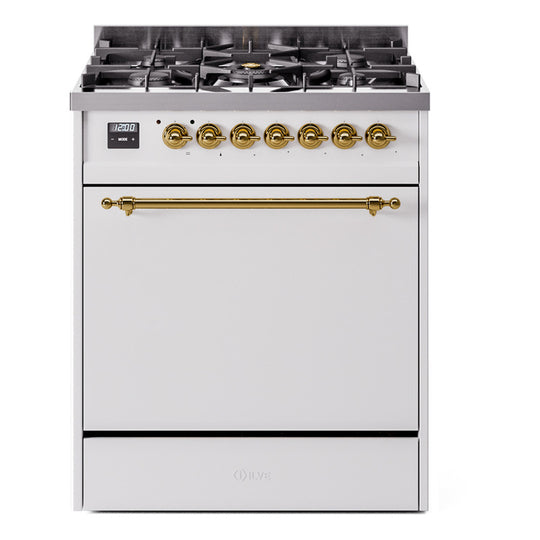 Ilve UP30QNMPWHGLP Nostalgie Ii 30 Inch Dual Fuel Liquid Propane Freestanding Range In White With Brass Trim