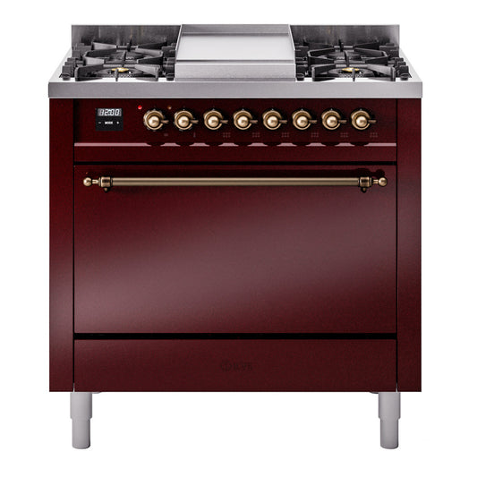 Ilve UP36FQNMPBUBLP Nostalgie Ii 36 Inch Dual Fuel Liquid Propane Freestanding Range In Burgundy With Bronze Trim