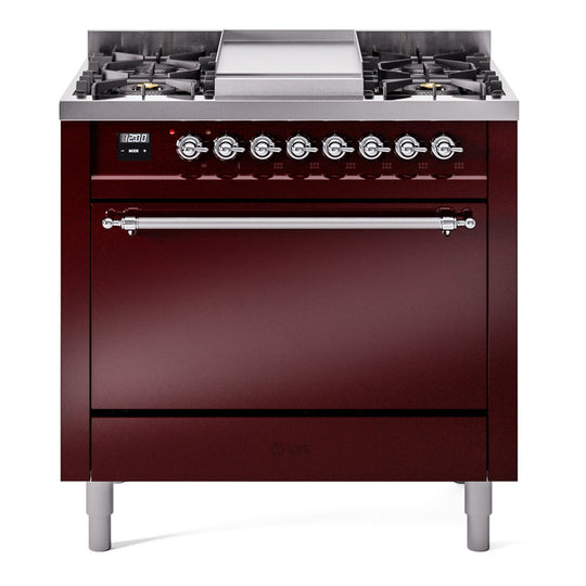 Ilve UP36FQNMPBUCLP Nostalgie Ii 36 Inch Dual Fuel Liquid Propane Freestanding Range In Burgundy With Chrome Trim