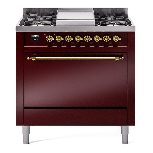 Ilve UP36FQNMPBUGLP Nostalgie Ii 36 Inch Dual Fuel Liquid Propane Freestanding Range In Burgundy With Brass Trim