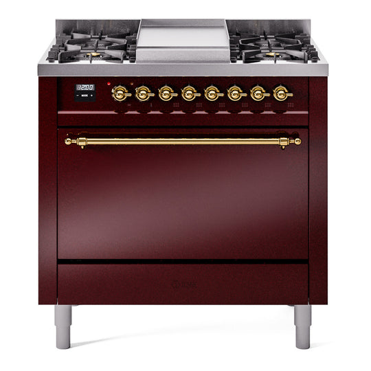 Ilve UP36FQNMPBUGLP Nostalgie Ii 36 Inch Dual Fuel Liquid Propane Freestanding Range In Burgundy With Brass Trim