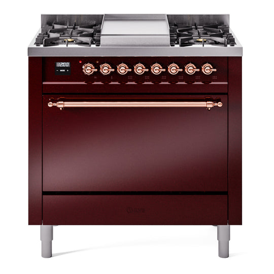Ilve UP36FQNMPBUPLP Nostalgie Ii 36 Inch Dual Fuel Liquid Propane Freestanding Range In Burgundy With Copper Trim