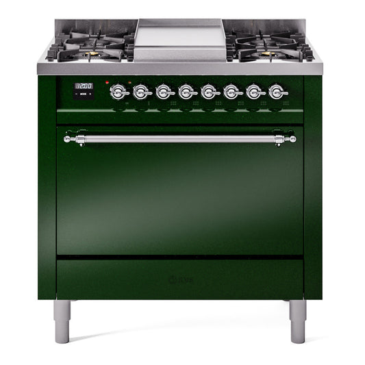 Ilve UP36FQNMPEGCLP Nostalgie Ii 36 Inch Dual Fuel Liquid Propane Freestanding Range In Emerald Green With Chrome Trim