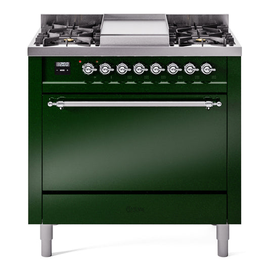 Ilve UP36FQNMPEGCLP Nostalgie Ii 36 Inch Dual Fuel Liquid Propane Freestanding Range In Emerald Green With Chrome Trim
