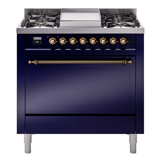 Ilve UP36FQNMPMBBLP Nostalgie Ii 36 Inch Dual Fuel Liquid Propane Freestanding Range In Blue With Bronze Trim