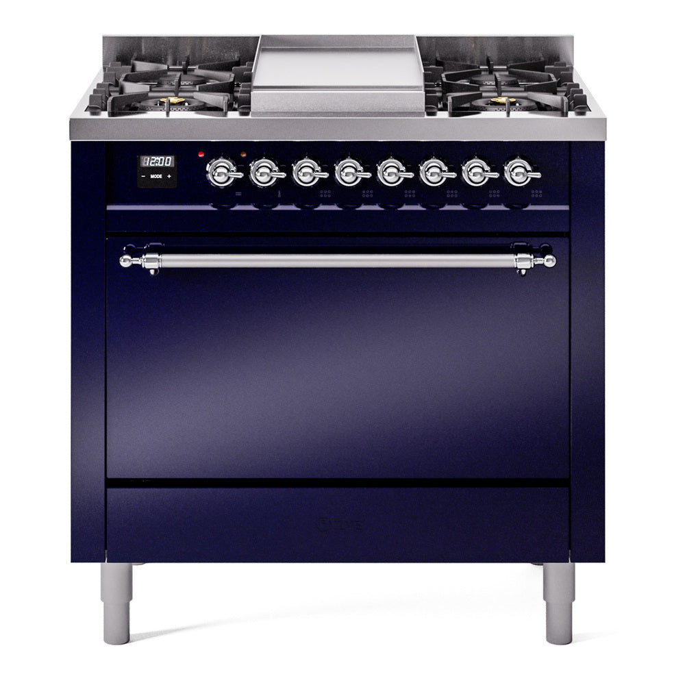 Ilve UP36FQNMPMBC Nostalgie Ii 36 Inch Dual Fuel Natural Gas Freestanding Range In Blue With Chrome Trim