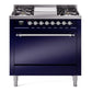 Ilve UP36FQNMPMBC Nostalgie Ii 36 Inch Dual Fuel Natural Gas Freestanding Range In Blue With Chrome Trim