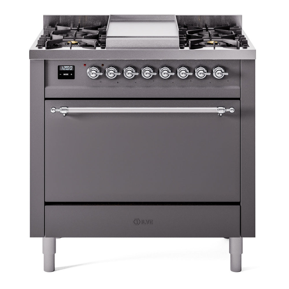 Ilve UP36FQNMPMGCLP Nostalgie Ii 36 Inch Dual Fuel Liquid Propane Freestanding Range In Matte Graphite With Chrome Trim