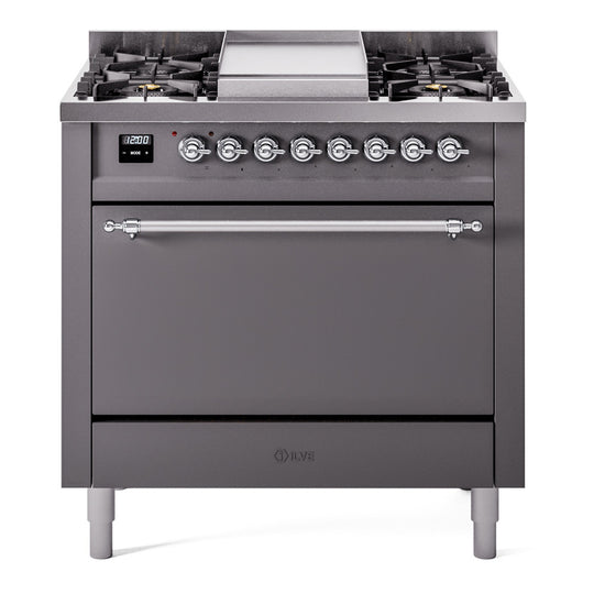 Ilve UP36FQNMPMGCLP Nostalgie Ii 36 Inch Dual Fuel Liquid Propane Freestanding Range In Matte Graphite With Chrome Trim