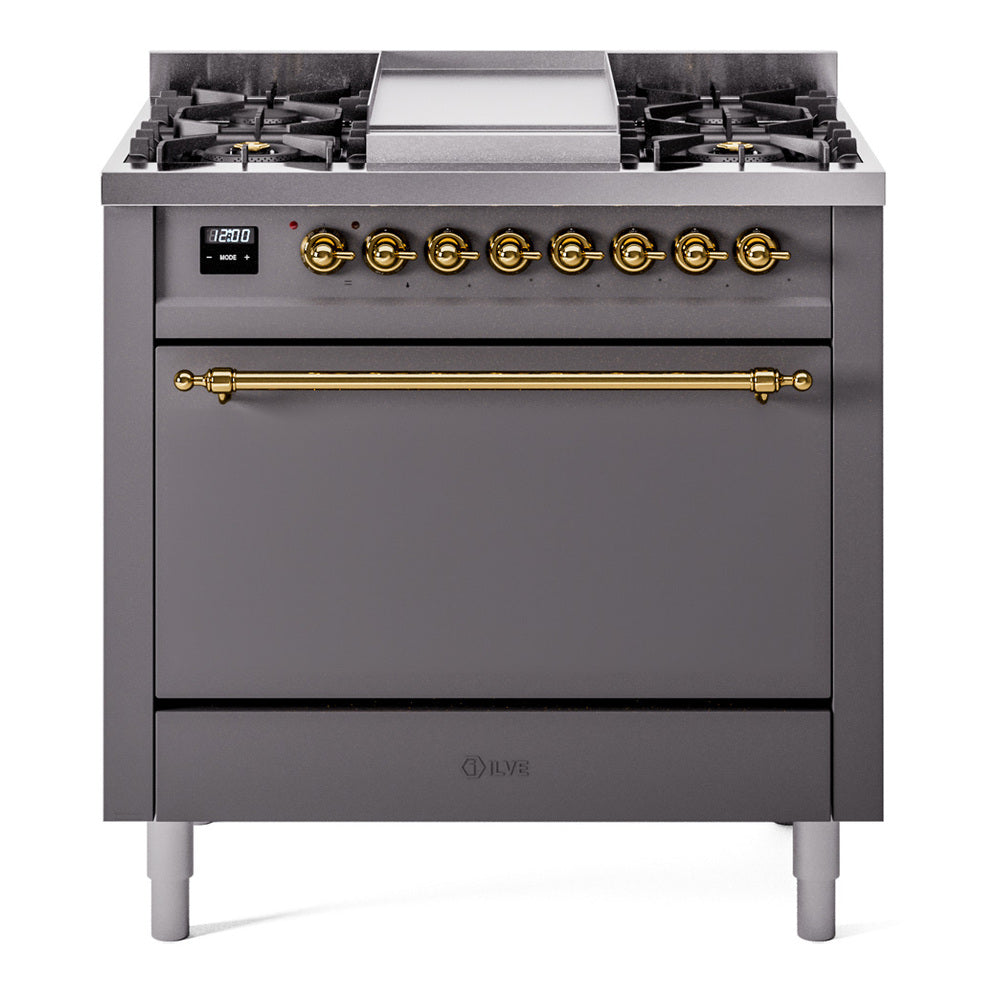 Ilve UP36FQNMPMGGLP Nostalgie Ii 36 Inch Dual Fuel Liquid Propane Freestanding Range In Matte Graphite With Brass Trim