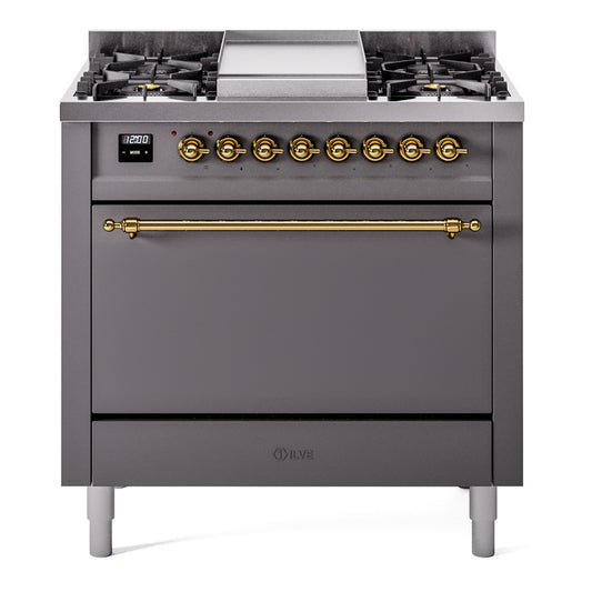 Ilve UP36FQNMPMGGLP Nostalgie Ii 36 Inch Dual Fuel Liquid Propane Freestanding Range In Matte Graphite With Brass Trim