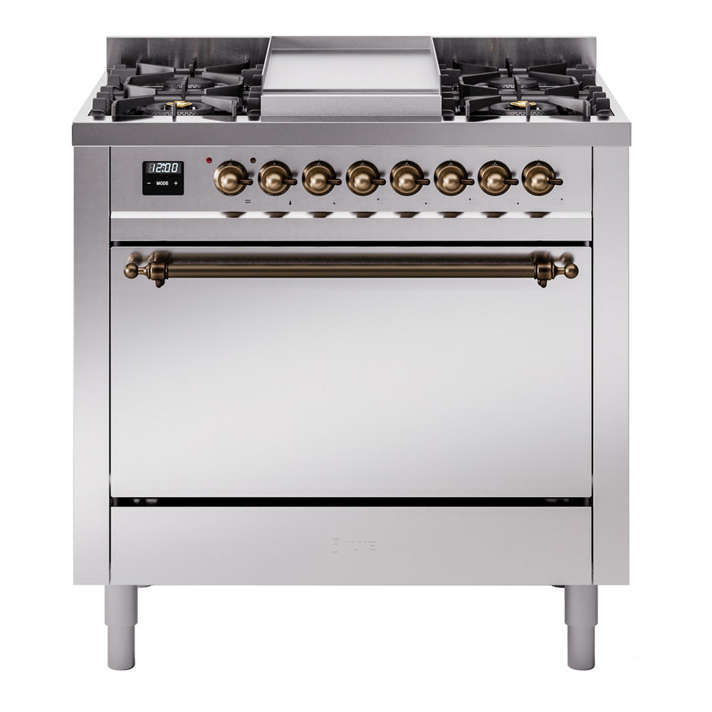 Ilve UP36FQNMPSSBLP Nostalgie Ii 36 Inch Dual Fuel Liquid Propane Freestanding Range In Stainless Steel With Bronze Trim