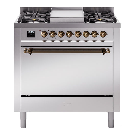 Ilve UP36FQNMPSSBLP Nostalgie Ii 36 Inch Dual Fuel Liquid Propane Freestanding Range In Stainless Steel With Bronze Trim